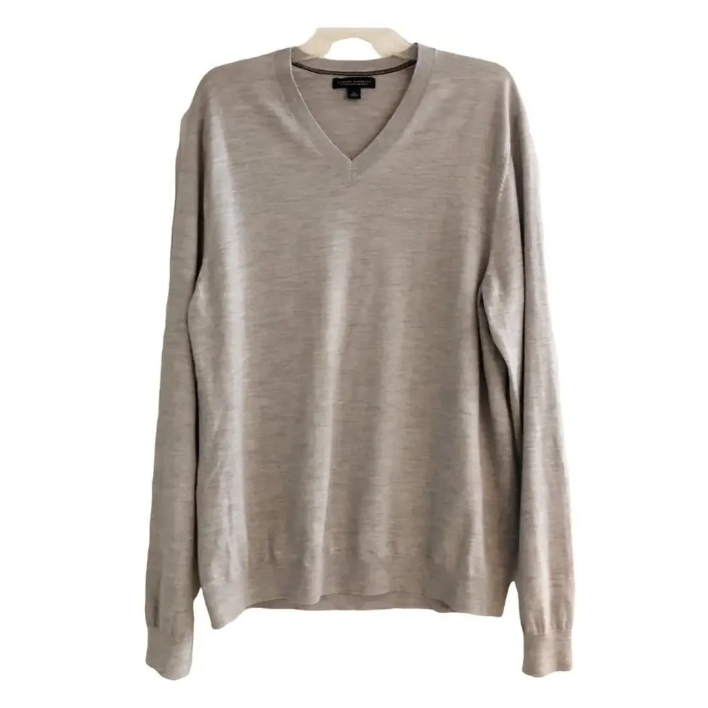Banana Republic mens 100% Merino Wool V neck sweater XL Grey Preppy Pullover